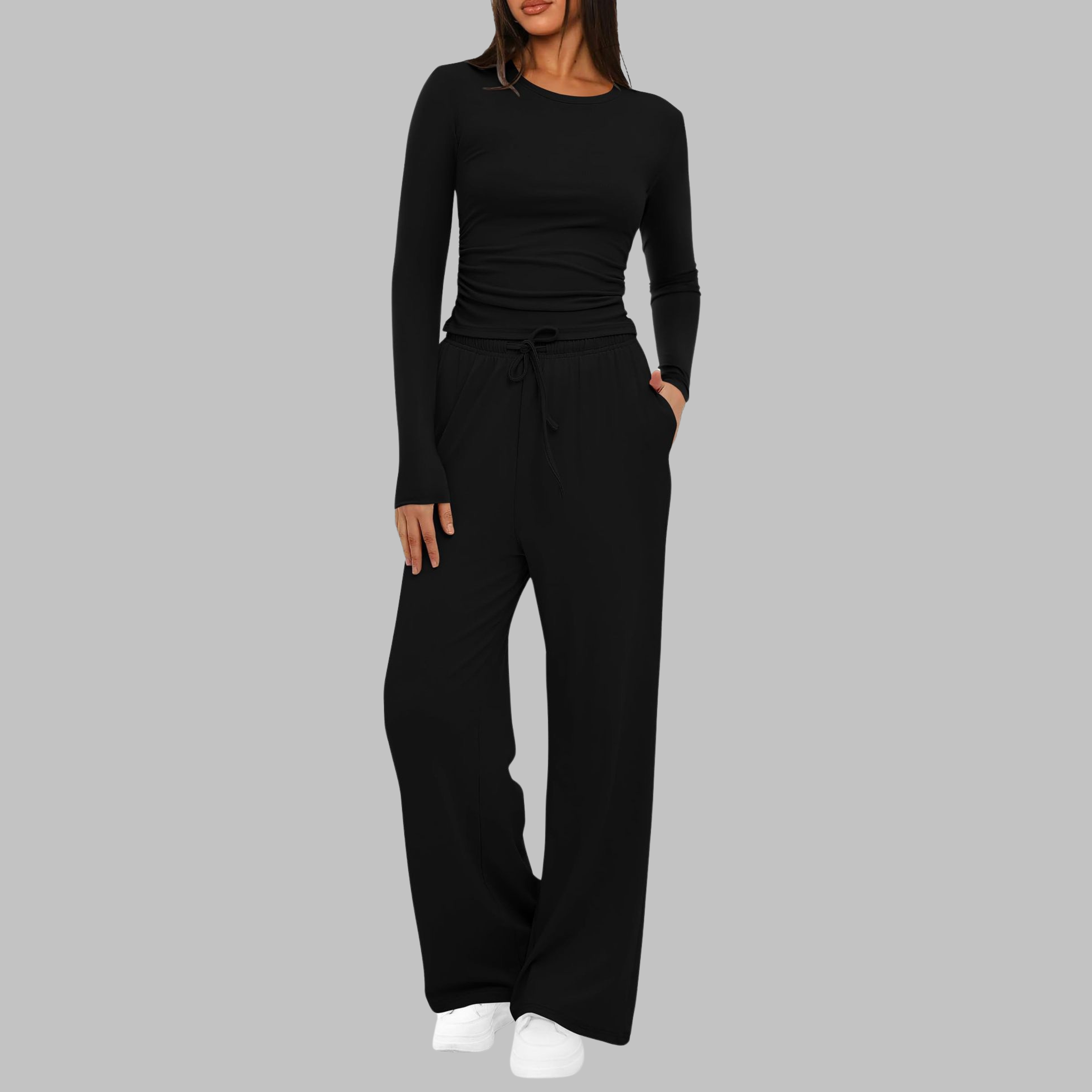 BELLE | Casual Long Sleeve Top and Wide Leg Pants Set