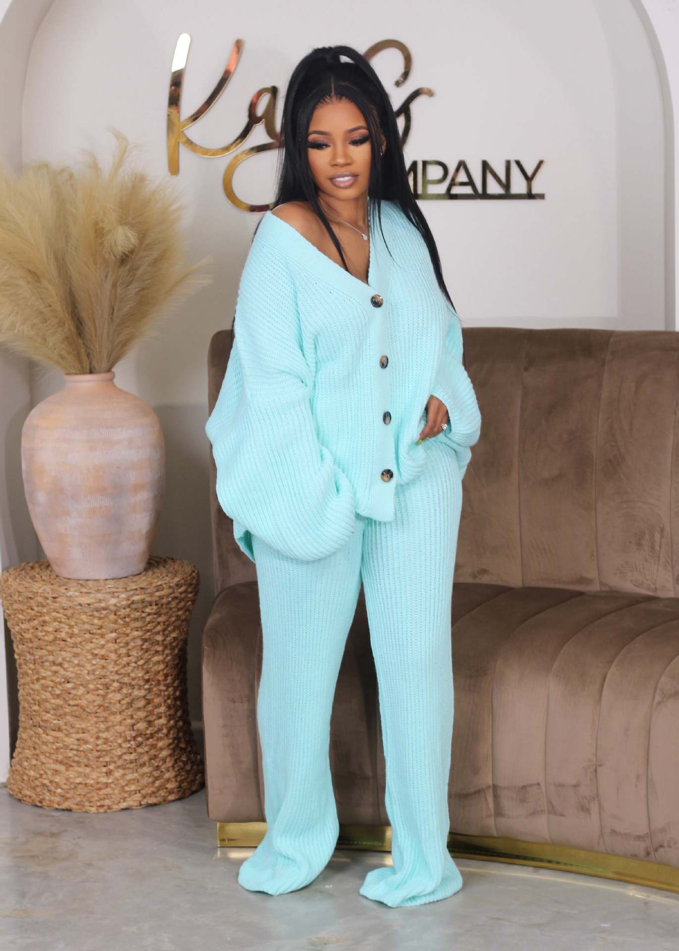 AMIKA | Casual V-Neck Cardigan and Wide Leg Pants Set