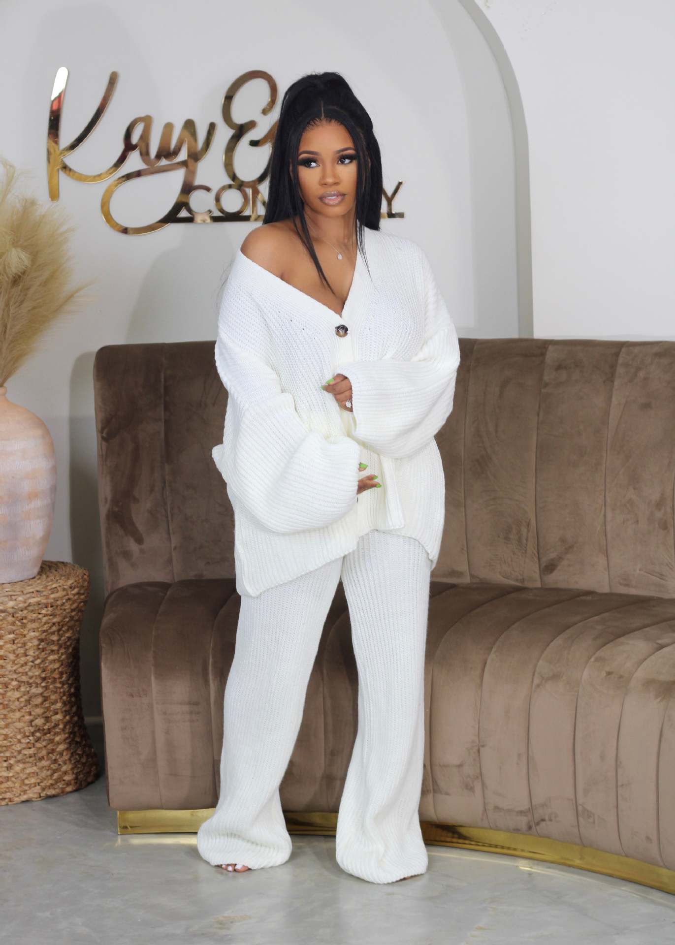 AMIKA | Casual V-Neck Cardigan and Wide Leg Pants Set