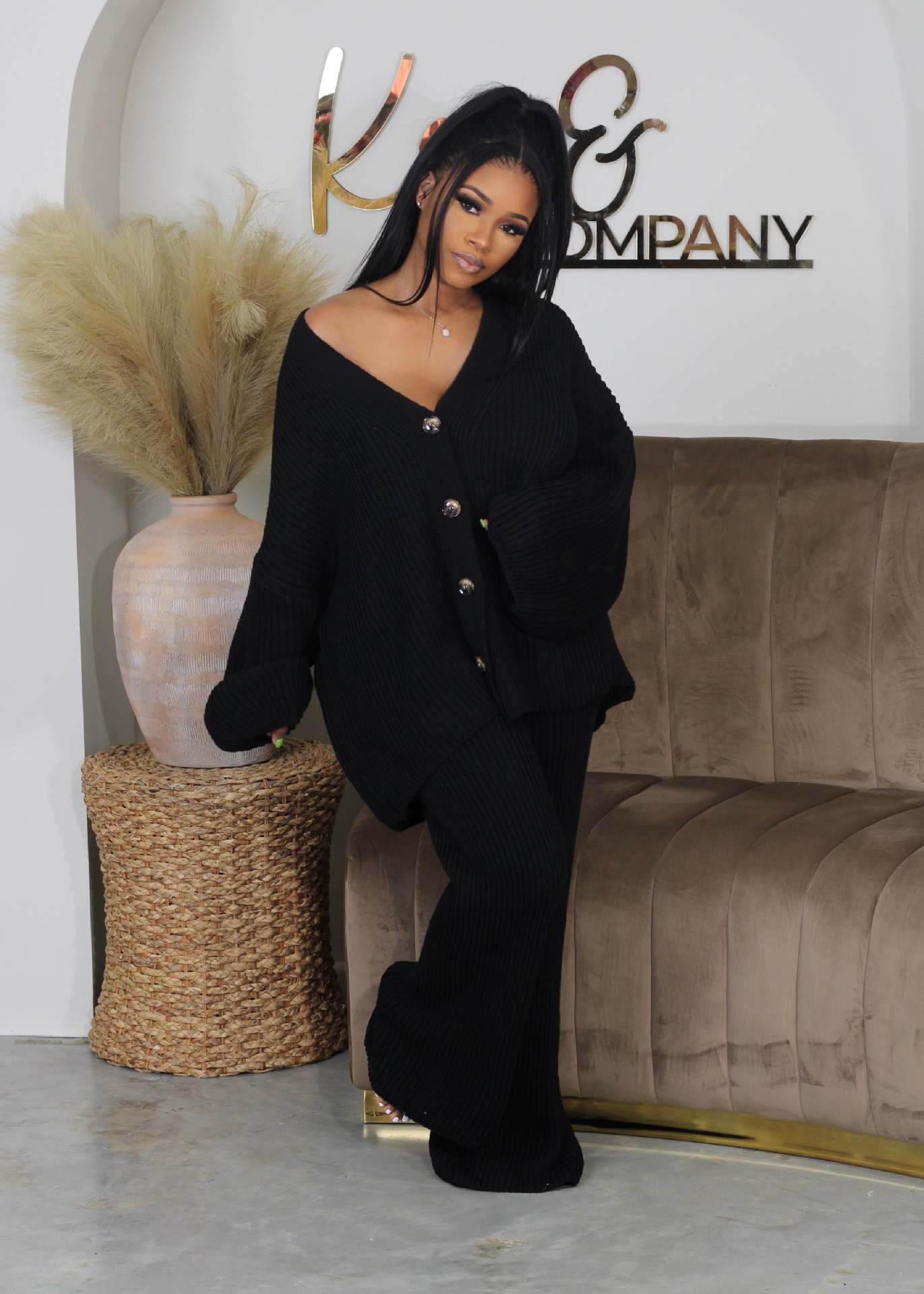 AMIKA | Casual V-Neck Cardigan and Wide Leg Pants Set