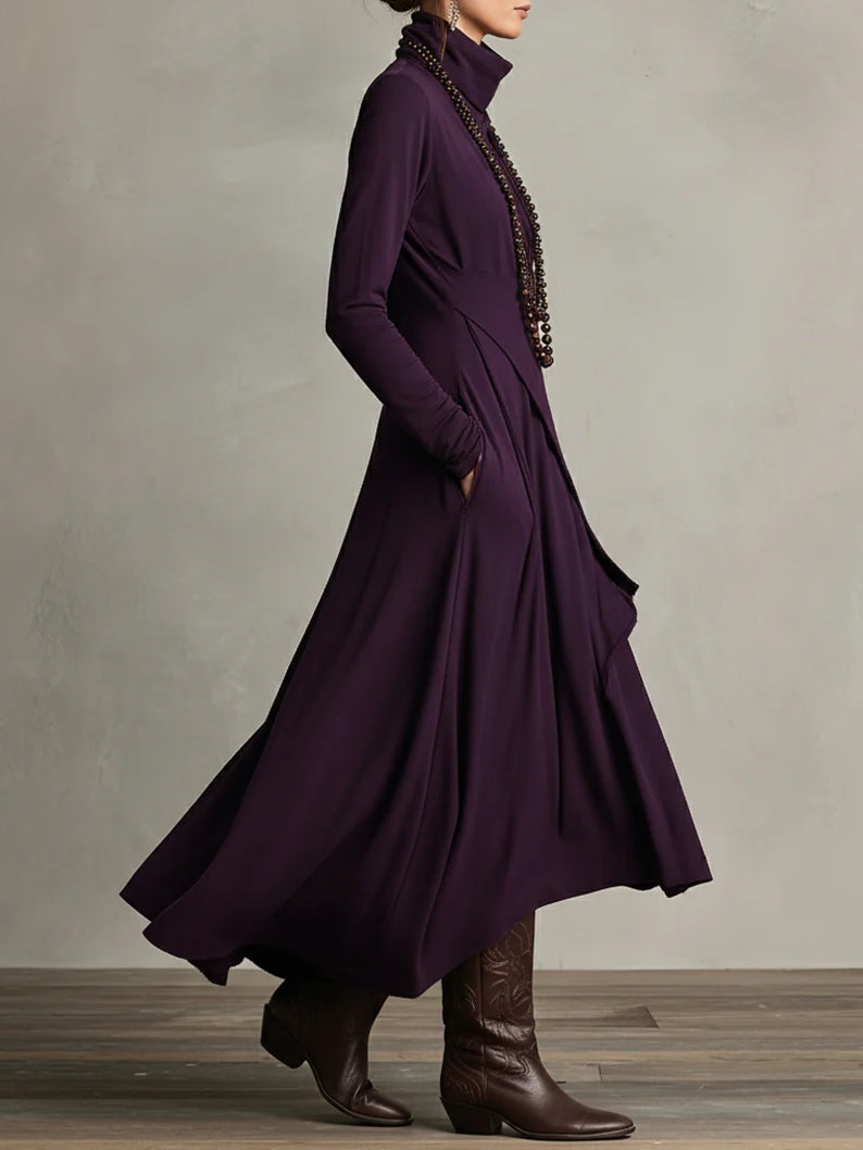 Giorgia - Asymmetrical Maxi Pleated Dress in Purple with High Neck (Necklace not included)